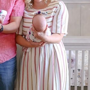 White linen midi dress with pink and taupe stripes